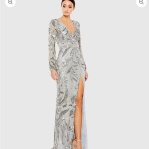 Mac Duggal Gray Sequined Faux Wrap Split Long Sleeve Gown